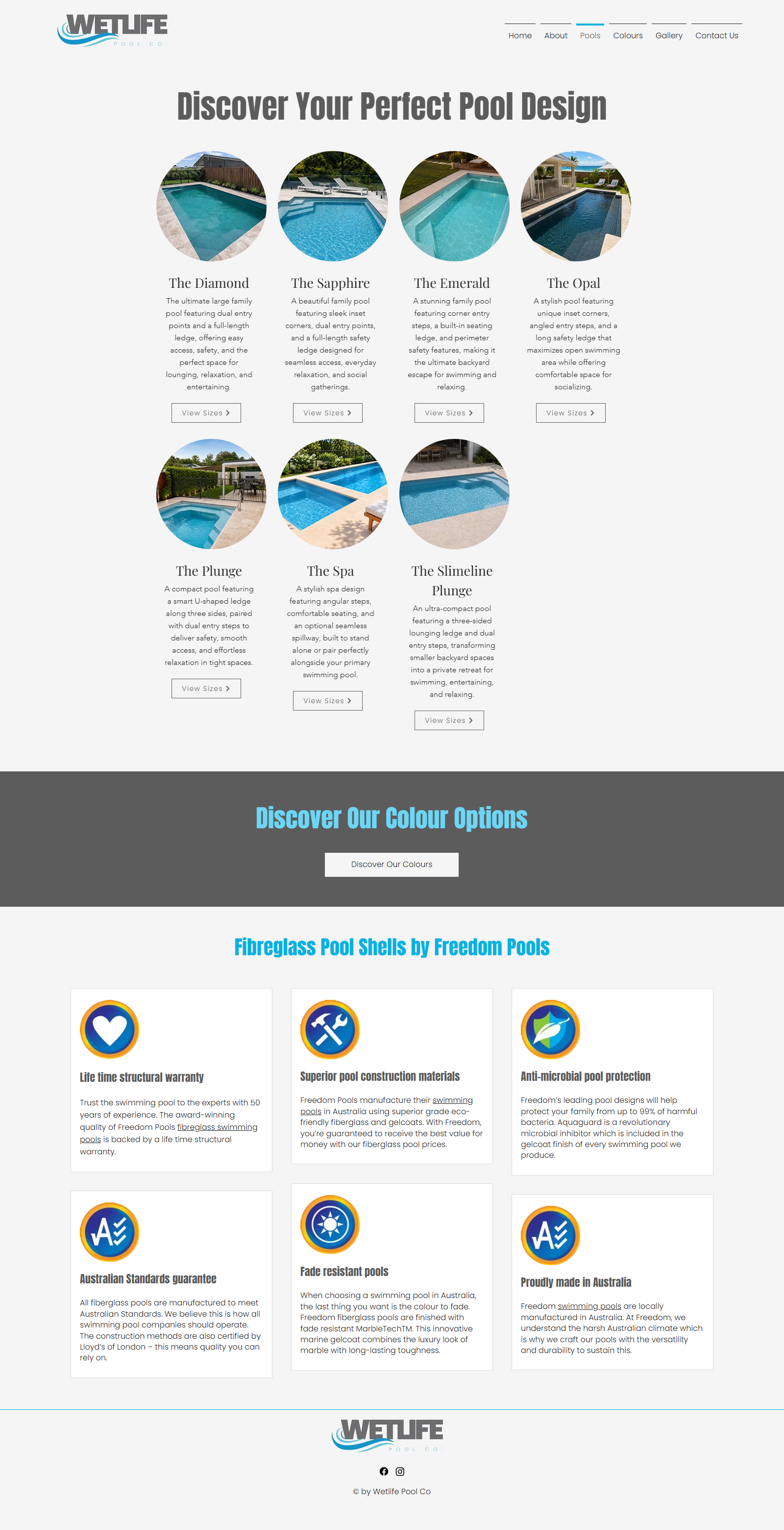 Wetlife Pool Co current pools page, full page